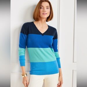 Talbots Cashmere V-Neck Pullover Tonal Stripe Blue Navy Women Sz Medium New